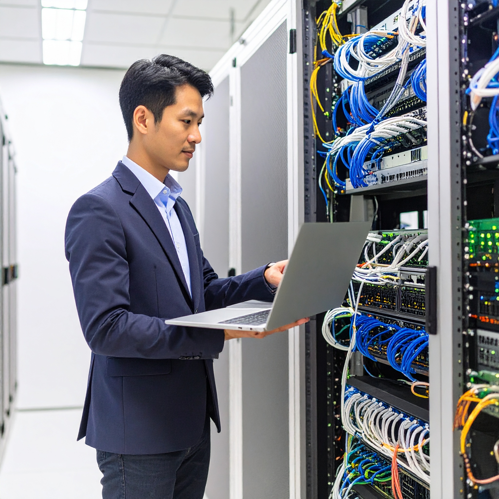 経験豊富なネットワークエンジニアが中小企業のシステムを確認している様子