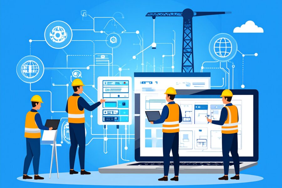 要件定義の内容をまとめた資料をもとにネットワーク構成案を検討している場面