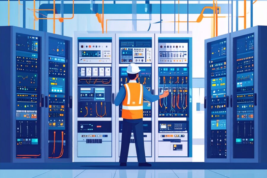 オフィス内にネットワーク機器を設置し、設定と動作テストを行うシステムエンジニア