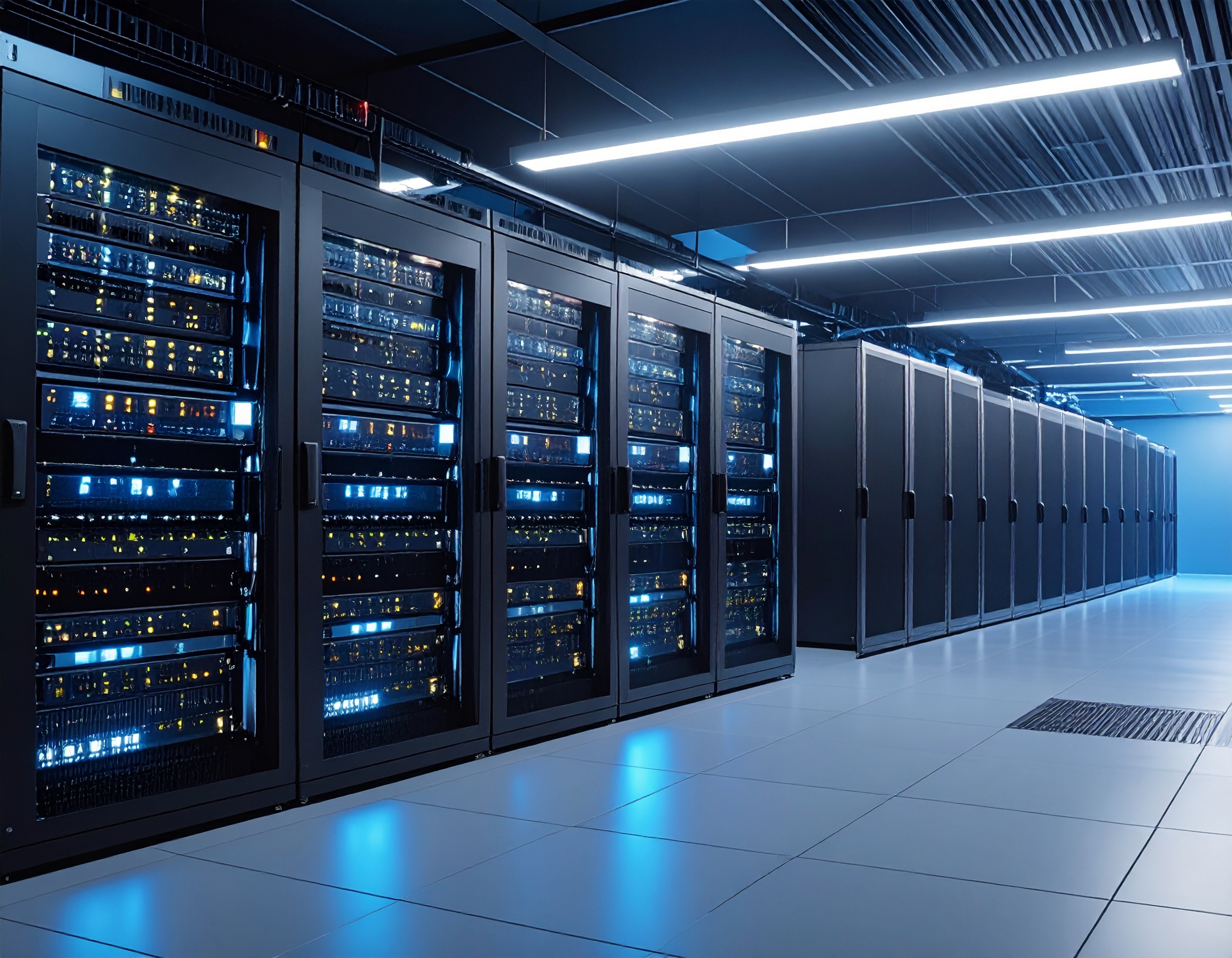 スイッチやルータ、ファイアウォールなど中小企業向けネットワーク機器が搭載されたラックの風景