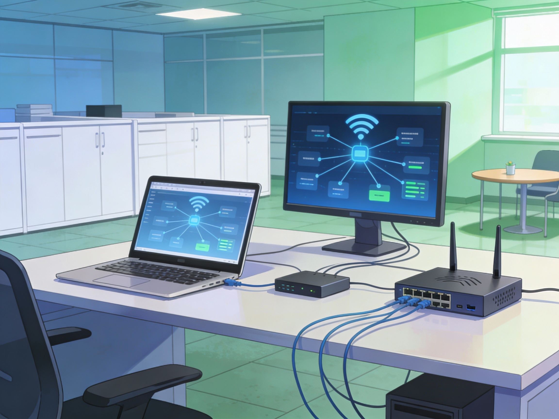 オフィスに導入されたパソコンやネットワーク機器の風景