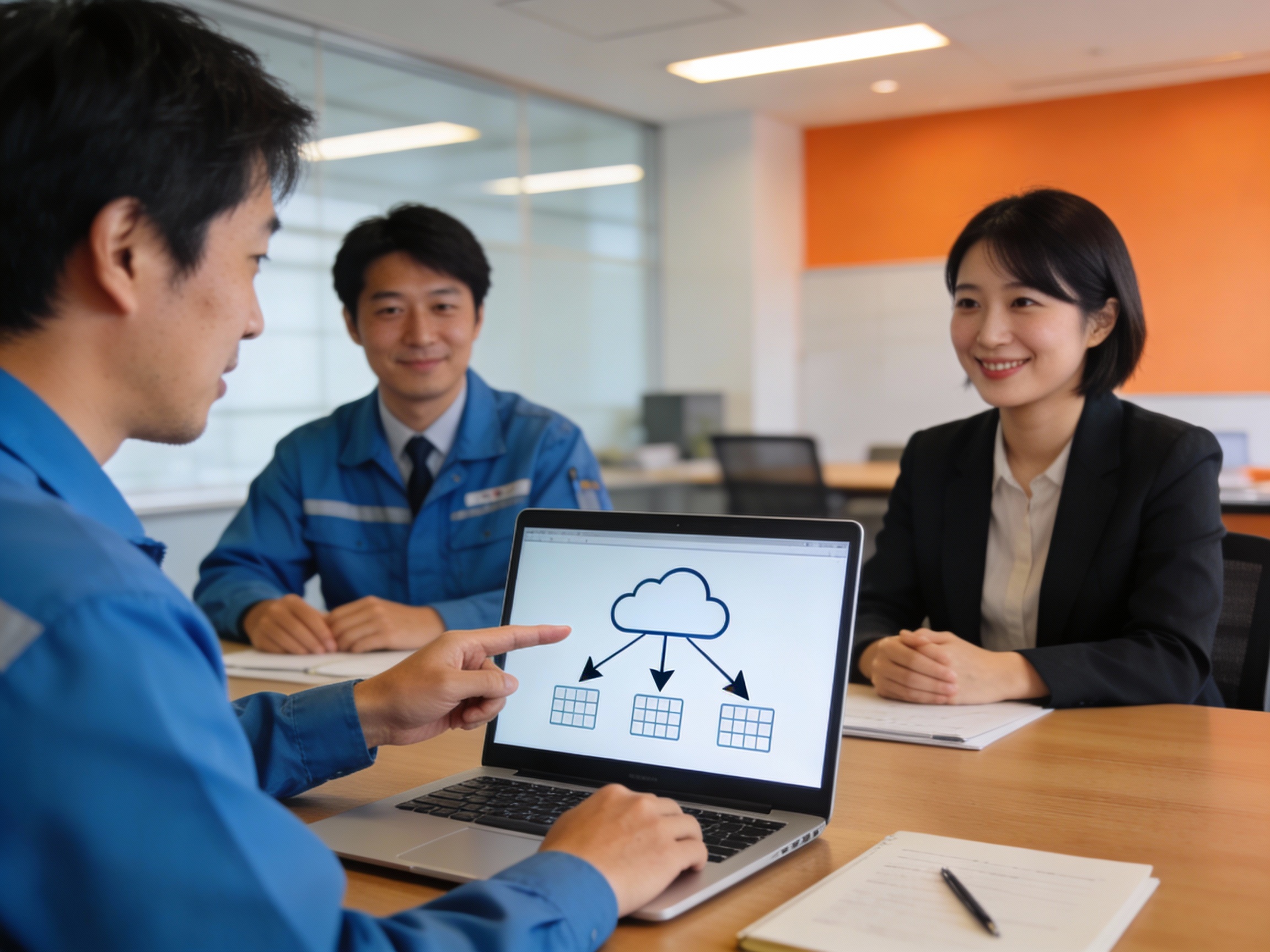 経験豊富なネットワークエンジニアが中小企業の社長にシステム設計を説明している様子