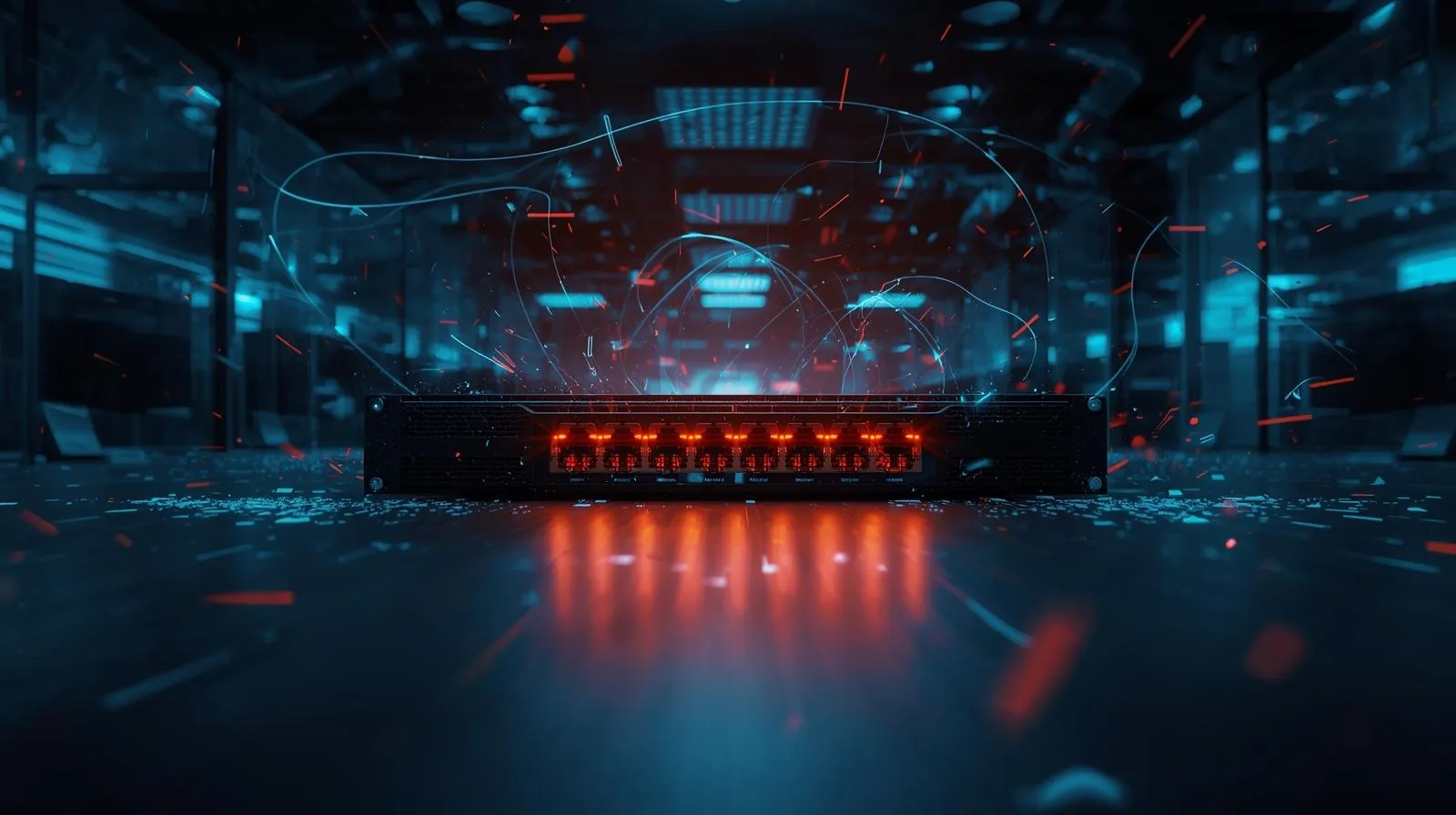 ネットワーク故障の象徴として、プロフェッショナルなルーターが青いデジタルピクセルに分解され消えていくシネマティックなビジュアル。データの欠落と通信不安定さを表現。