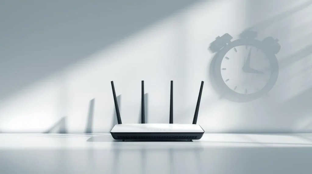 ネットワーク故障の象徴として、プロフェッショナルなルーターが青いデジタルピクセルに分解され消えていくシネマティックなビジュアル。データの欠落と通信不安定さを表現。