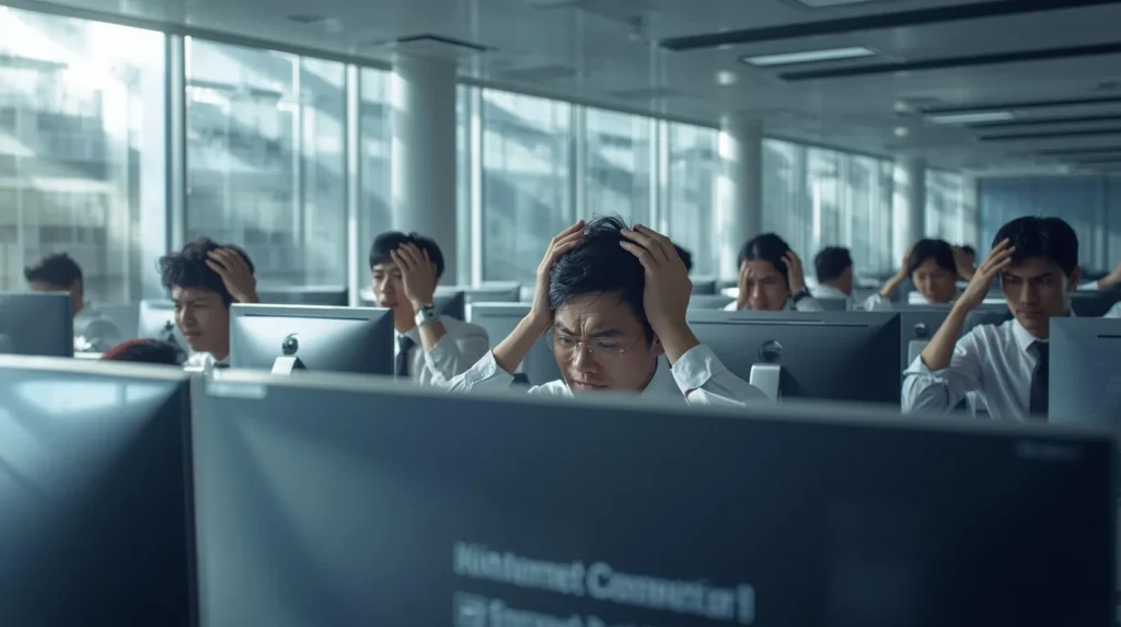 インターネット切断により業務が止まり、頭を抱えて困惑するオフィスワーカーたちの風景。モニターには「接続エラー」が表示され、ビジネスインフラ停止の損失をリアルに描写。