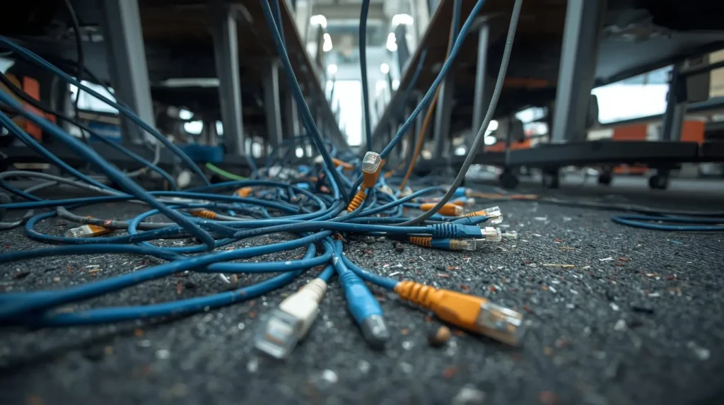 劣化したLANケーブルのコネクタ（RJ45）のツメが折れている様子を捉えたマクロ写真。ネットワークトラブルの物理的な原因をエンジニアの視点でクローズアップした画像。