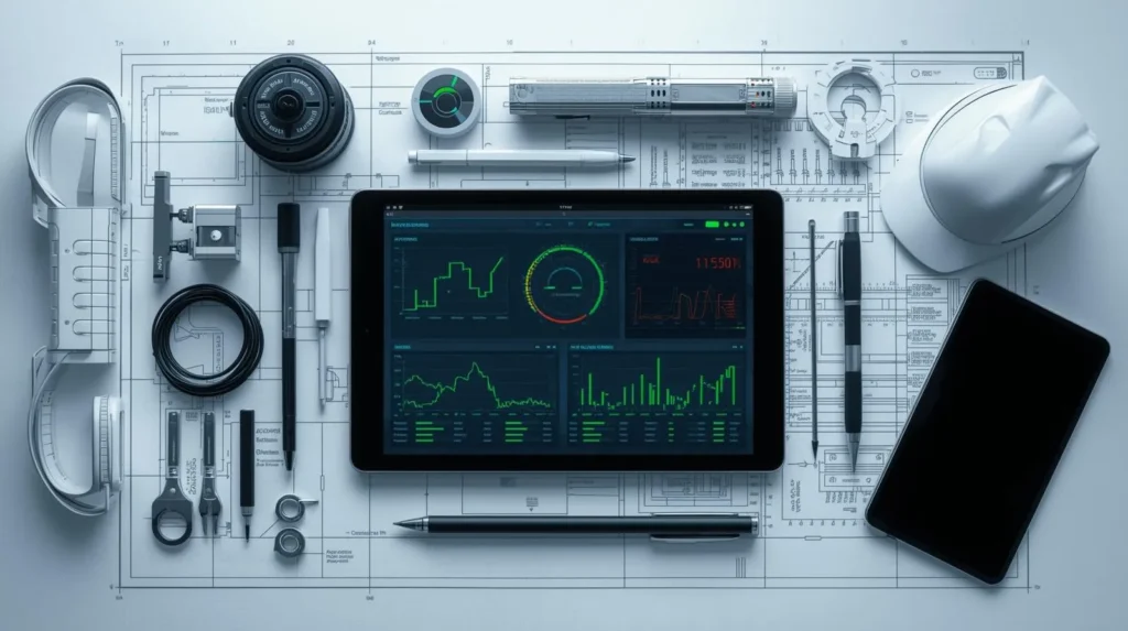 ネットワーク診断ダッシュボードが表示されたタブレットと、プロ用のネットワーク測定ツールが並ぶテクニカルな俯瞰写真。正確な現状把握と専門的な解決策をイメージ。