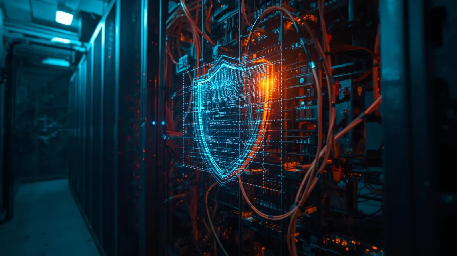 青く光る最新のサイバーセキュリティの盾（ファイアウォール）が最前線にあり、その後ろを、金属製で堅牢なプロ用ネットワーク機器（スイッチ）の歯車が支えているシネマティックな写真。「最新の知能」と「堅牢な土台」の融合を象徴。