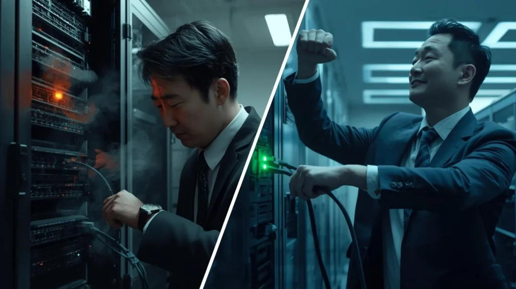 左右に分割された比較写真。左側は高額なコスト(札束)がかかっているが、故障した機器の前で復旧を待つ人がいる(遅い)。右側はコストが抑えられており、エンジニアが予備機を差し替えて瞬時に復旧させている(速い)。