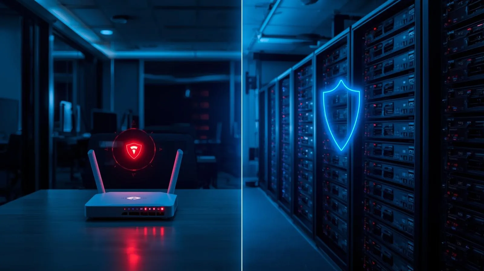 オフィスの窓にある古びた網戸越しに、外からデジタルな脅威（ウイルスやハッカーのアイコン）が侵入しようとしている様子。標準ルーターの脆弱性を比喩的に表現した写真。