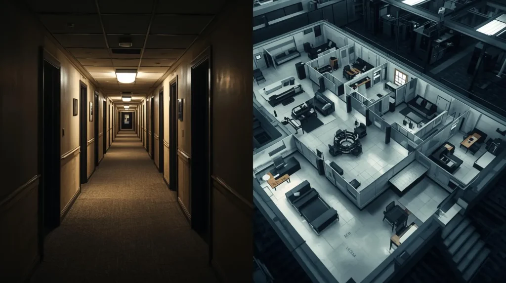 左側はすべての部屋が繋がった危険なホテル、右側は用途別に壁で仕切られた安全なオフィス。ネットワークセグメント分離の重要性を視覚的に比較した図。