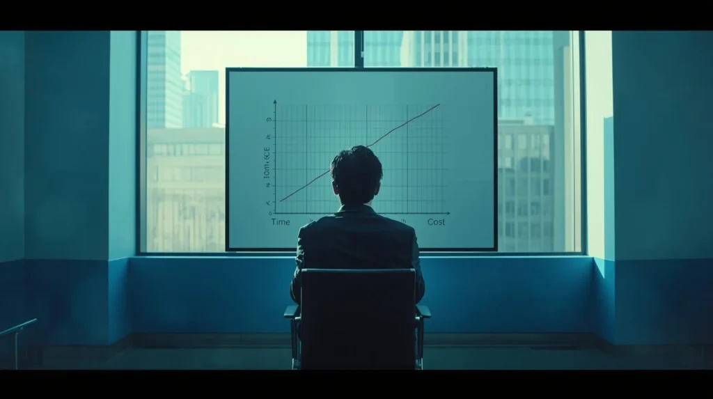 オフィスで時間と費用の関係性を示したグラフを見ながら検討している経営者