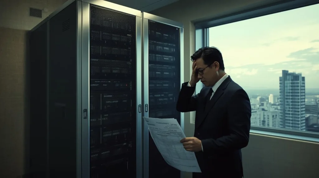 小さなオフィスには不釣り合いな、巨大で高価な最新サーバーラックの前に立ち、高額な請求書を見て頭を抱える中小企業経営者の後ろ姿。コストの重圧を表現。