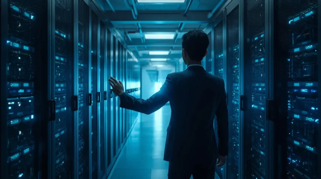 企業のデータセンターで、重要な顧客情報が入ったサーバーラック(金庫)の前に、プロのエンジニアが立ち、信頼の証として手をかざしている写真。