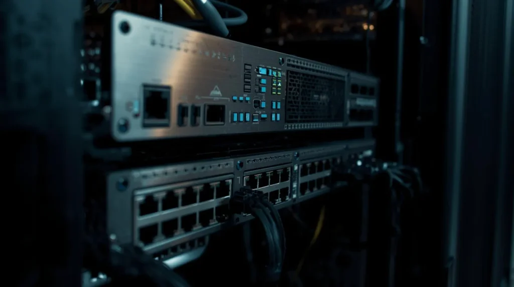 データセンターの過酷な環境で稼働する頑丈な金属製スイッチのクローズアップ。そのすぐ隣に、同じ設定が入った「予備機」がすぐに使える状態でスタンバイされている様子。