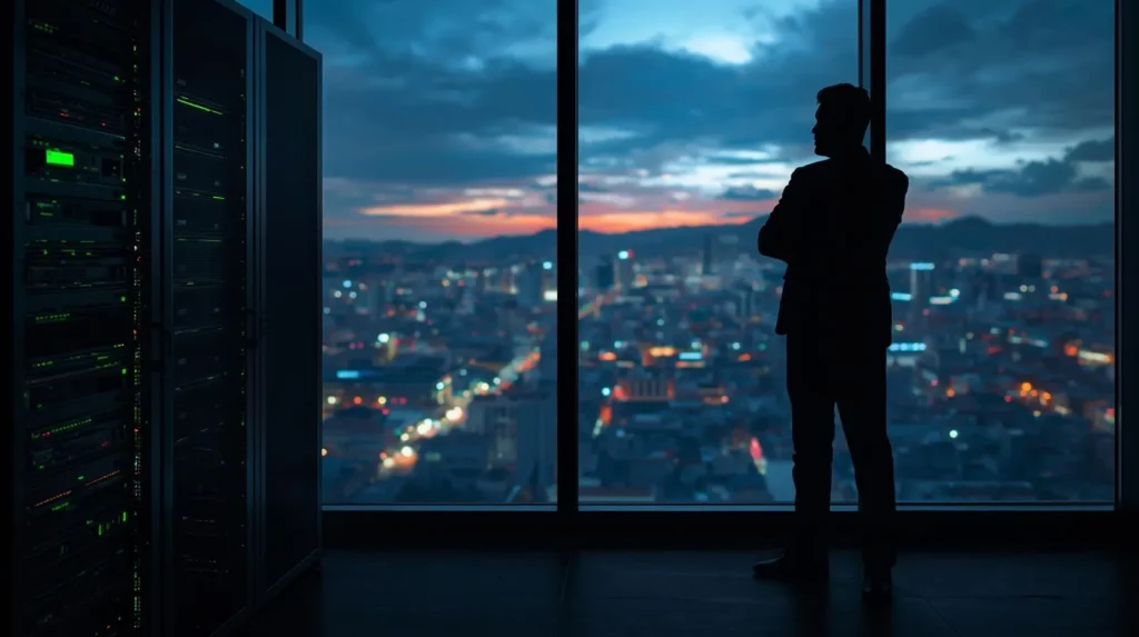 夕暮れ時の福岡のオフィス街を背景に、安定して稼働するネットワーク機器のランプが頼もしく光っている。その横で、腕利きのエンジニアが静かに見守っているシルエット。