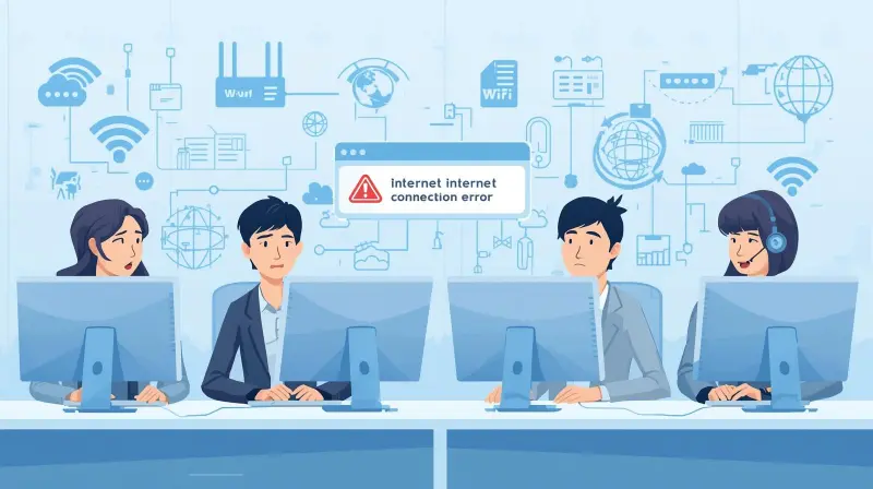 中小企業オフィスでインターネット接続エラーが出て困っている社員たちのイラスト