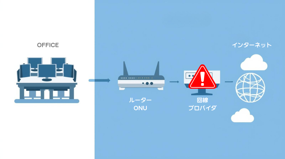 社内ネットワークは正常だが回線とプロバイダ側で障害が発生していることを示すネットワーク図