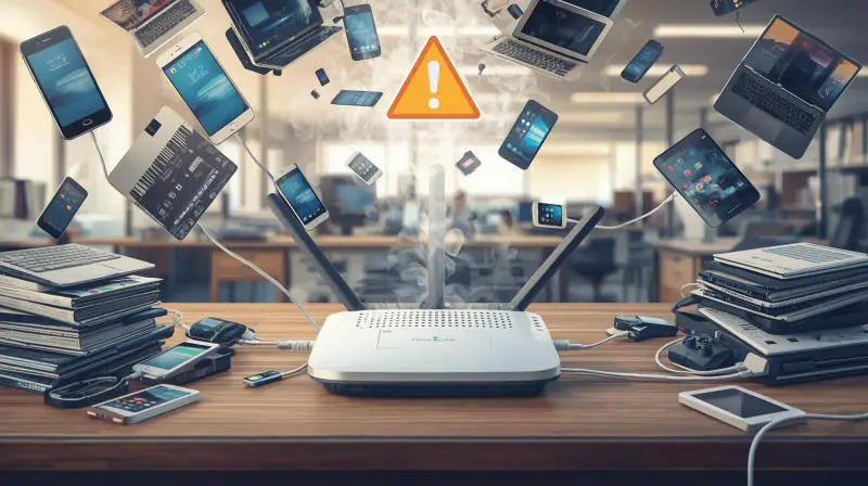 家庭用Wi-Fiルーターに多くの端末が集中して接続し負荷がかかっている様子を示すイラスト