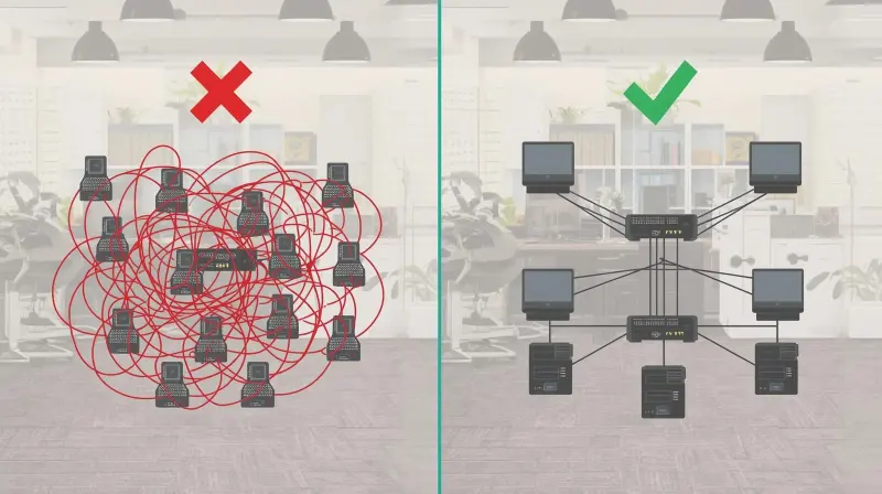 ぐちゃぐちゃな配線ネットワークと整理されたネットワーク構成を比較した図解イラスト