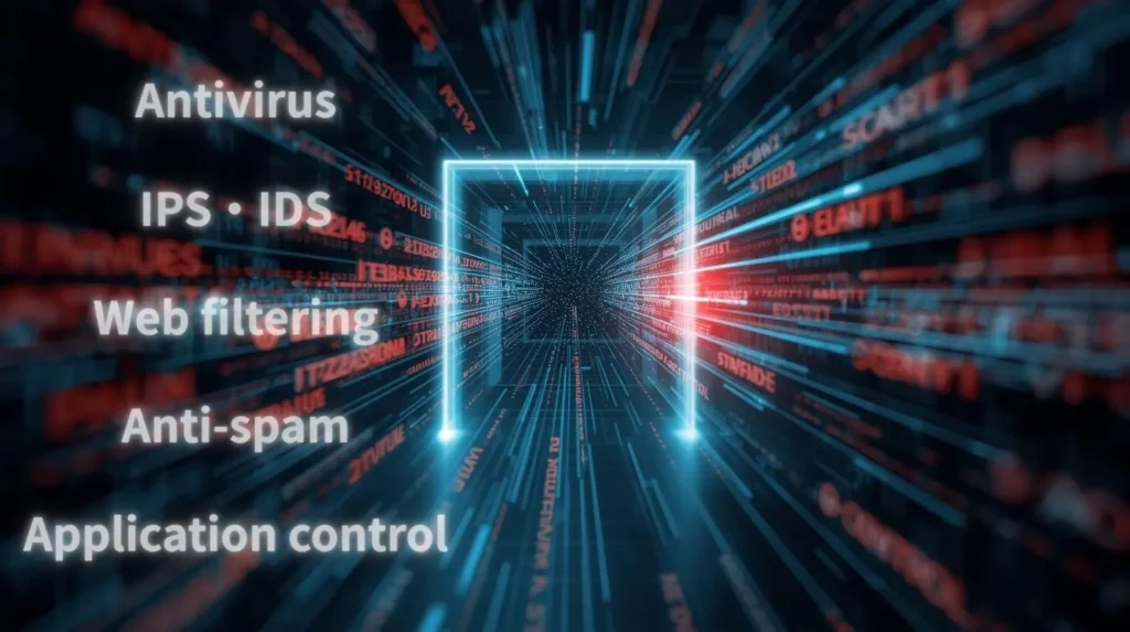 ネットワークの入り口で、UTMが5つの異なるセキュリティチェック(アンチウイルス、IPS、Webフィルタリングなど)を多層的に行っている様子を図解したデジタルイラストレーション。