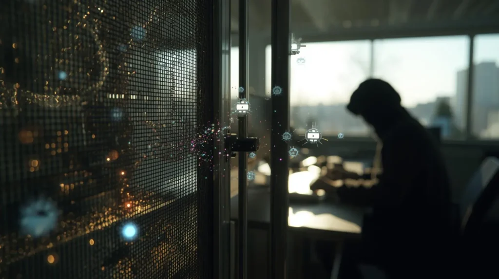 オフィスの窓にある古びた網戸越しに、外からデジタルな脅威(ウイルスやハッカーのアイコン)が侵入しようとしている様子。標準ルーターの脆弱性を比喩的に表現した写真。