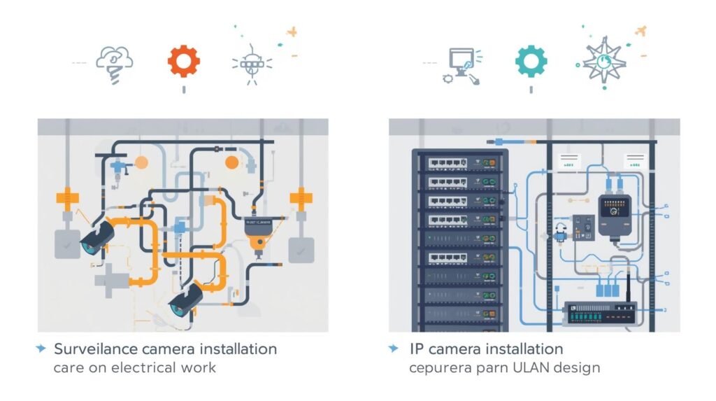 電気工事中心の監視カメラ構成とIP+PoEによるネットワーク設計中心の監視カメラ構成を対比したイメージイラスト