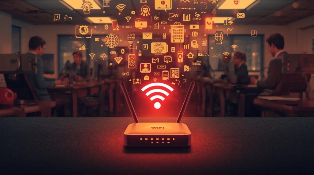 オフィスで家庭用Wi-Fiルーターを使用することによる通信遅延とリスクの図解