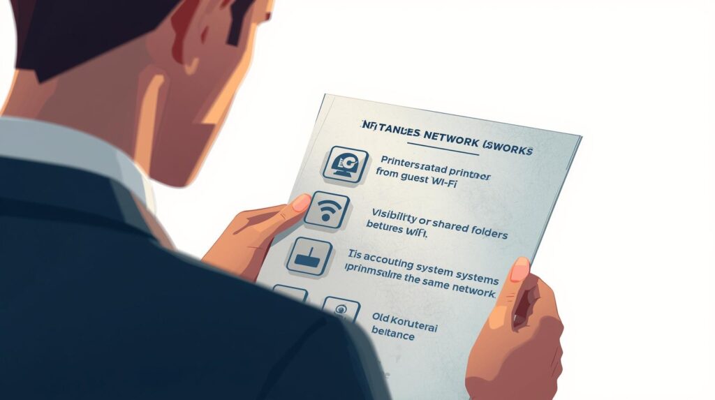 ゲストWi‑Fiと社内ネットワークの安全性をチェックリストで確認する経営者のイラスト