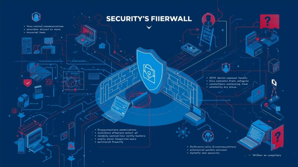 ファイアウォールの効果：内から外への不審な通信（情報漏洩）を関所（バリア）でブロックするイメージ