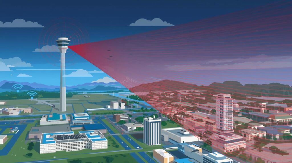 福岡特有のDFS障害:福岡空港の航空管制レーダー波が周辺オフィスの5GHz帯Wi-Fiと干渉し、通信が切れる仕組みのイメージ地図