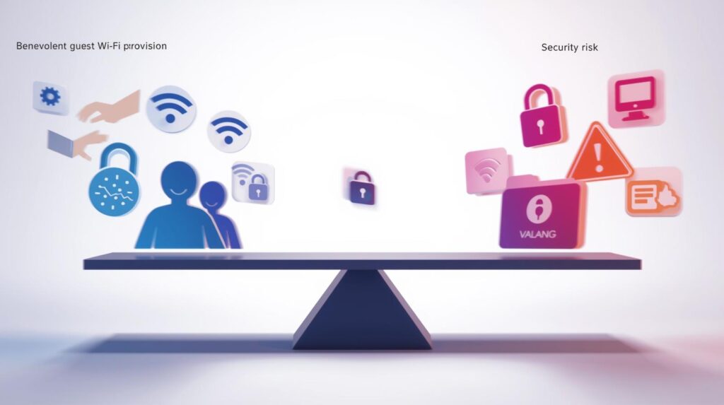 ゲストWi‑Fi提供の利便性と社内セキュリティリスクをVLAN設計でバランスするイメージイラスト