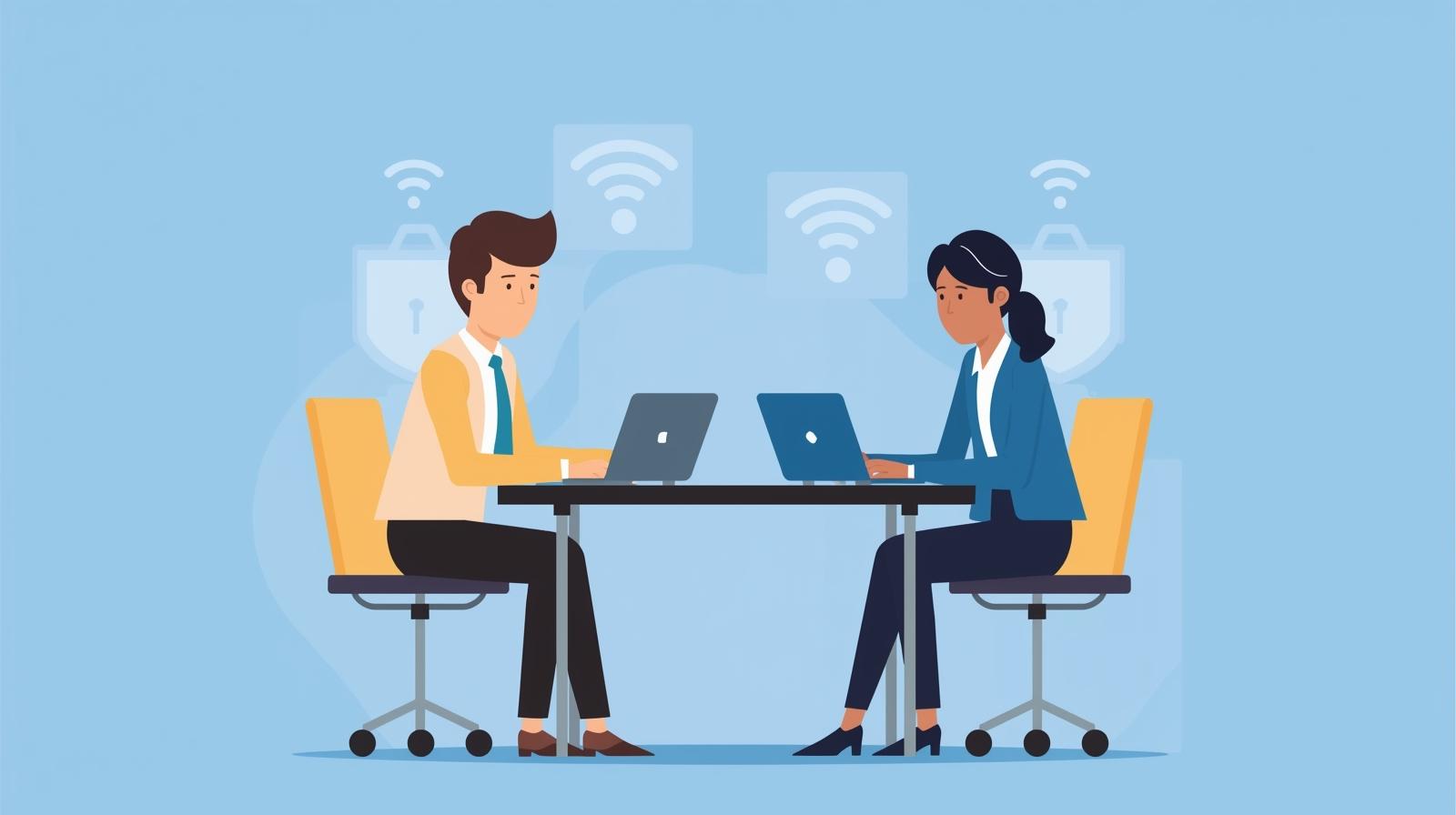 来客にWi‑Fi接続を案内するビジネスパーソンと、社内用とゲスト用に分かれたWi‑Fiをイメージしたイラスト description