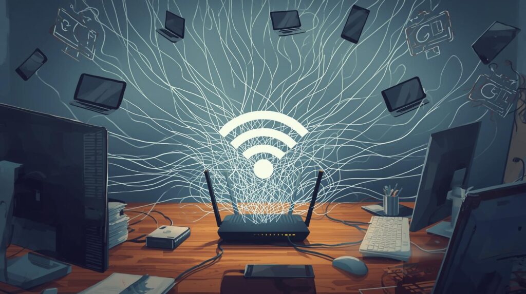 家庭用Wi-Fiルーターのオフィス利用における限界:多数の端末接続による通信の混雑と遅延のイメージ