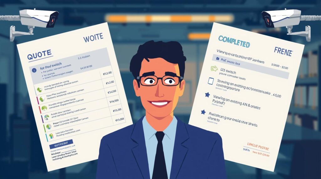 電源工事中心の監視カメラ見積とPoE・LAN活用見積を比較する経営者のイメージイラスト