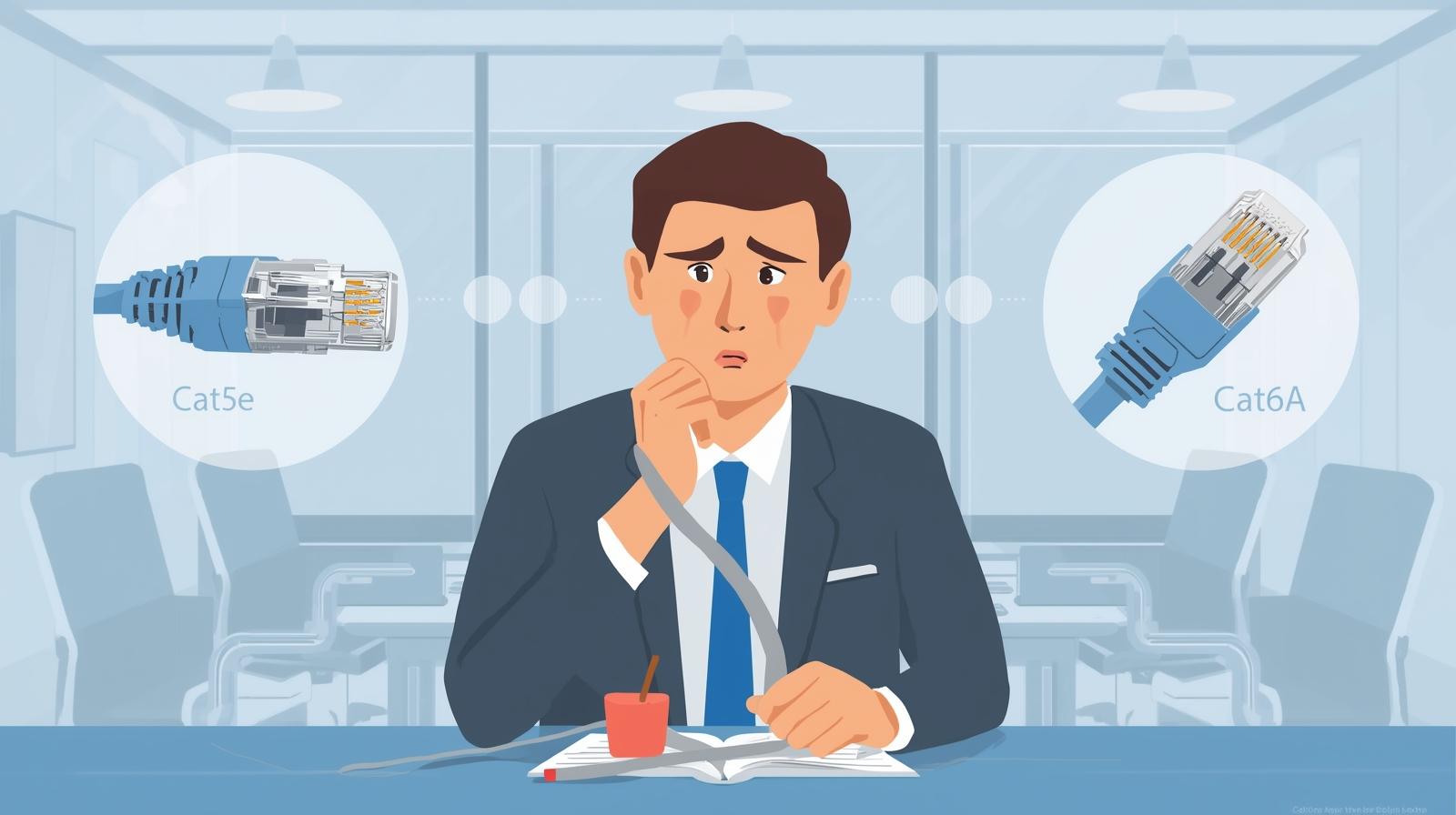 古いCat5e LANケーブルと新しいCat6Aケーブルを見比べながら、社内ネットワークの速度に悩む中小企業の担当者を描いたアイキャッチイラスト。