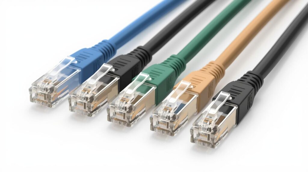 Cat5・Cat5e・Cat6・Cat6Aなど、カテゴリー表記「CAT」が印字されたLANケーブルを並べ、規格による速度と帯域の違いをイメージさせるクローズアップイラスト。