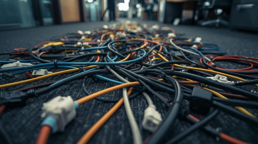 電源ケーブルとLANケーブルを密着させて束ねたNG配線と、距離を離して敷設した配線を対比し、電磁ノイズが通信品質に与える影響を示したイラスト。