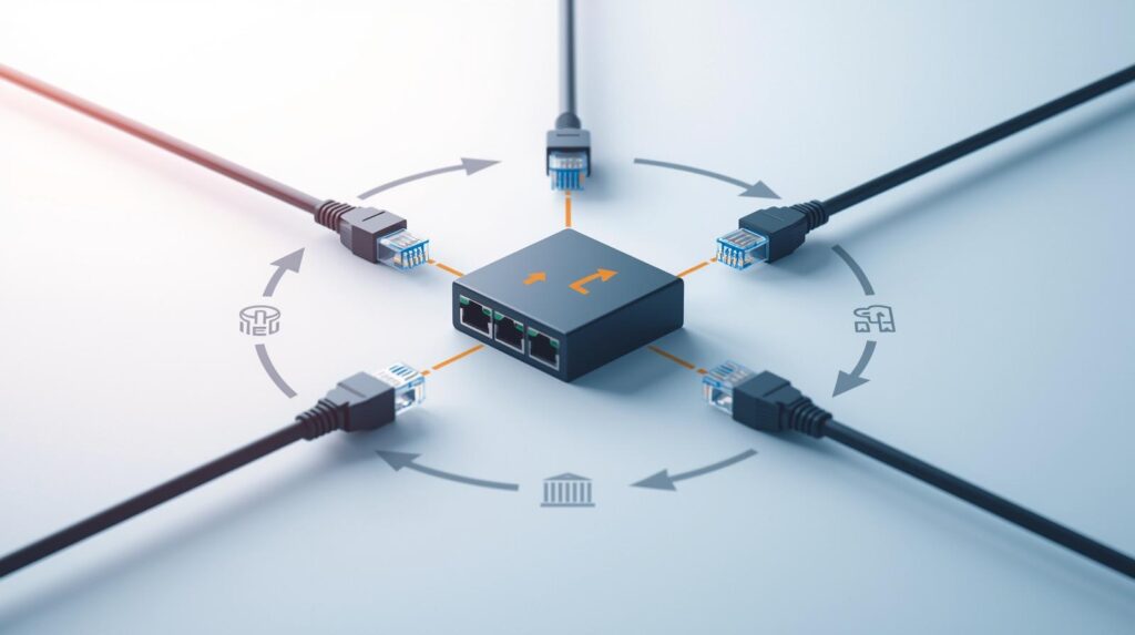 スイッチングハブのポート同士を誤接続して発生するLANループ障害の概念図。LANケーブルがハブに戻り、同じパケットがぐるぐる回る様子を示したネットワークトラブルの図解。