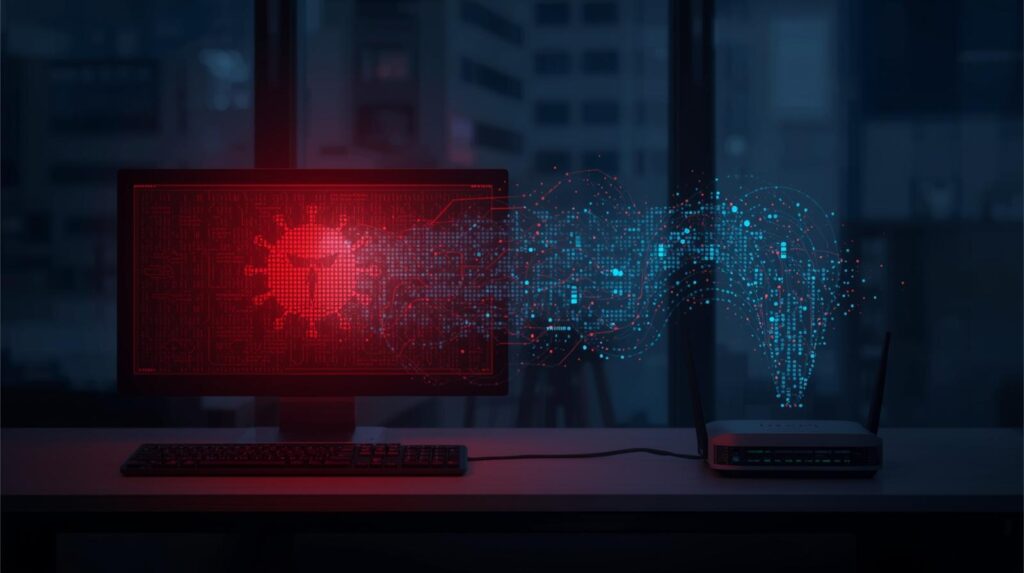 オフィスPCからの情報漏洩：ウイルスに感染したPCが、ルーターをスルーして外部サーバーへデータを送信するイメージ