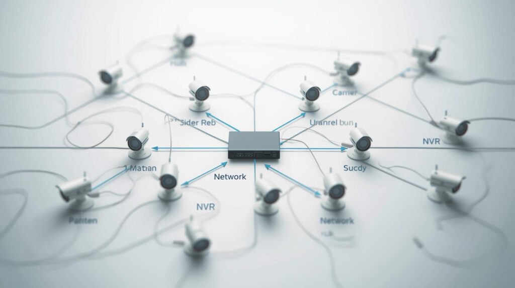 各フロアのスイッチ経由でNVRに映像が集約されるIPカメラネットワーク構成図