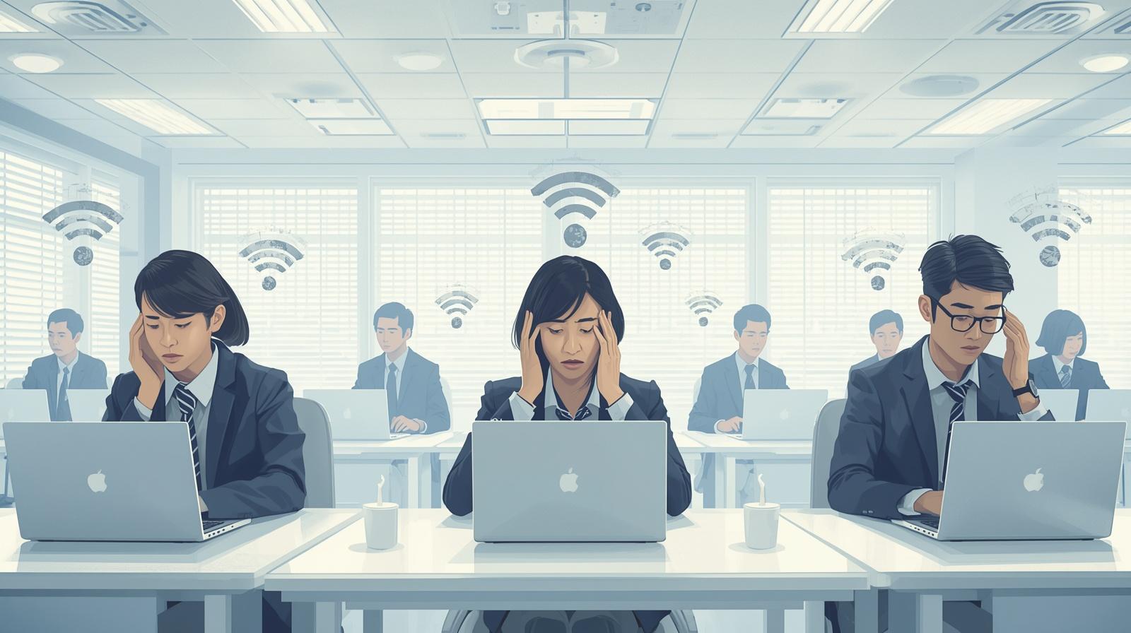 中小企業オフィスで社員が「ネットが遅い」と悩んでいる様子を描いたビジネスイラスト。Wi‑Fiやネットワーク機器を背景にした、社内ネットワークトラブルのイメージ。
