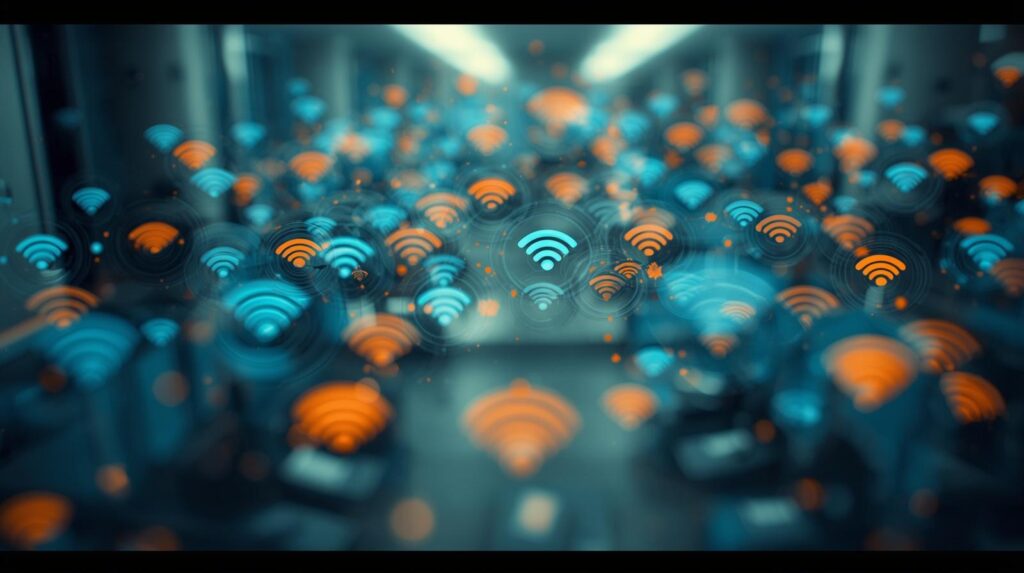 オフィス内にWi‑Fiアクセスポイントや中継機が過密配置され、電波の干渉と渋滞によって速度低下が起きている様子を示す図解。