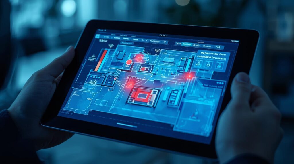 プロによるWi-Fi設計:専用ツール(サイトサーベイ)でオフィスの電波強度をヒートマップ化し、最適なAP配置を決めるイメージ