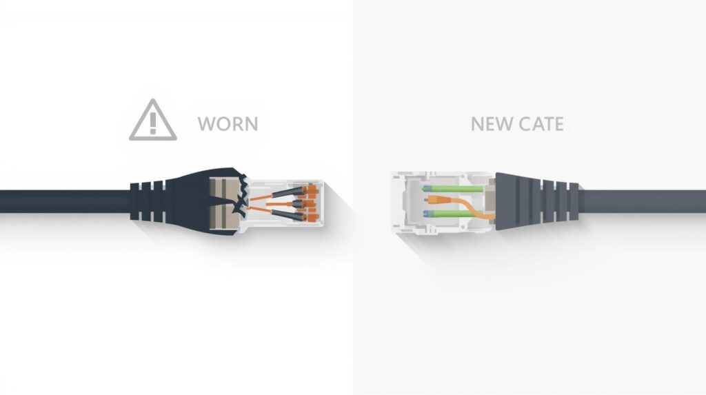 ツメ折れや被覆のつぶれがある劣化LANケーブルと、新品のLANケーブルを対比し、接触不良や通信ロスを招く経年劣化のイメージを示したイラスト。
