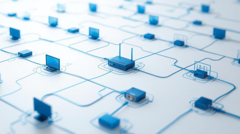 最新の回線やルーターが導入された社内ネットワークの中で、古いLANケーブル部分だけがボトルネックになっている様子を示した全体図。見えない配線が速度を落としていることを伝えるまとめ用イラスト。