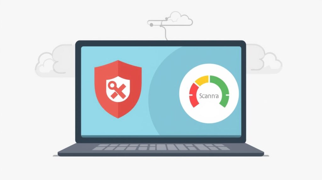 ノートPC上でセキュリティソフトが過剰に動作し、CPU負荷や通信遅延を引き起こしているイメージを表現したイラスト。特定端末だけネットが遅い原因を示す図。