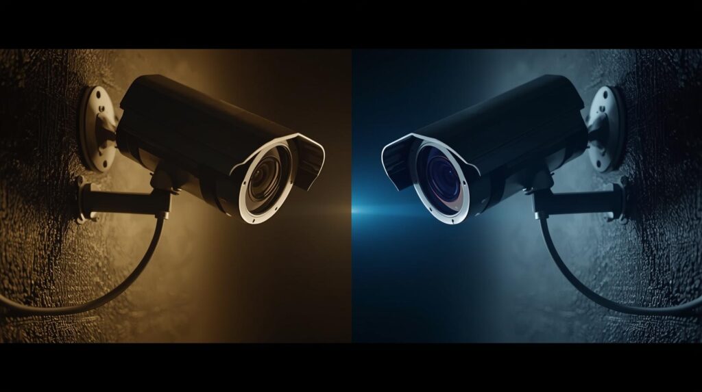 従来の監視カメラ配線とPoE対応IPカメラ配線を比較したイラスト