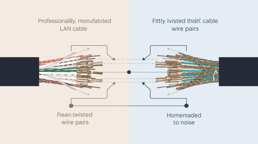 内部のツイストペア構造が整った市販LANケーブルと、より戻しが甘くノイズに弱い自作ケーブルを並べた断面イラスト。自作LANケーブルのリスクを示す図。