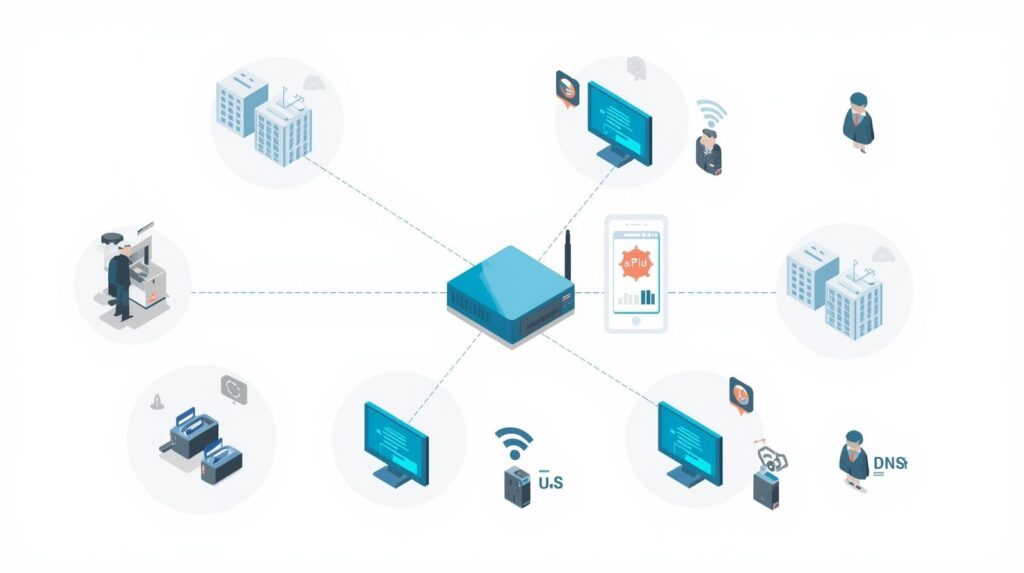 中小企業オフィスのネットワーク全体図の中で、スイッチ・DNS・Wi‑Fiなど複数の箇所にボトルネックが潜んでいる様子を示したイラスト。社内ネットワーク遅延の原因が回線だけでないことを伝えるまとめ用図。
